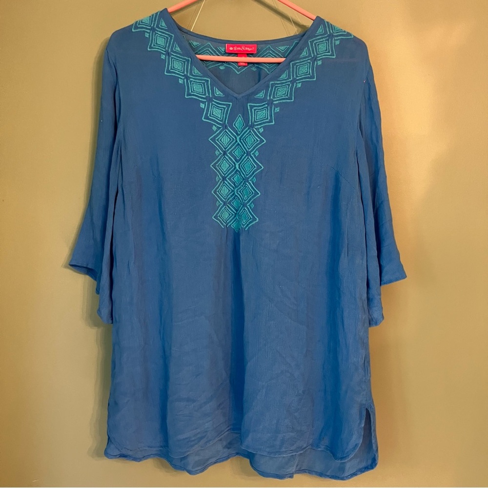 Lilly PulitzerxTarget- Blue Lightweight Tunic with Teal Embroidery, EUC, Large